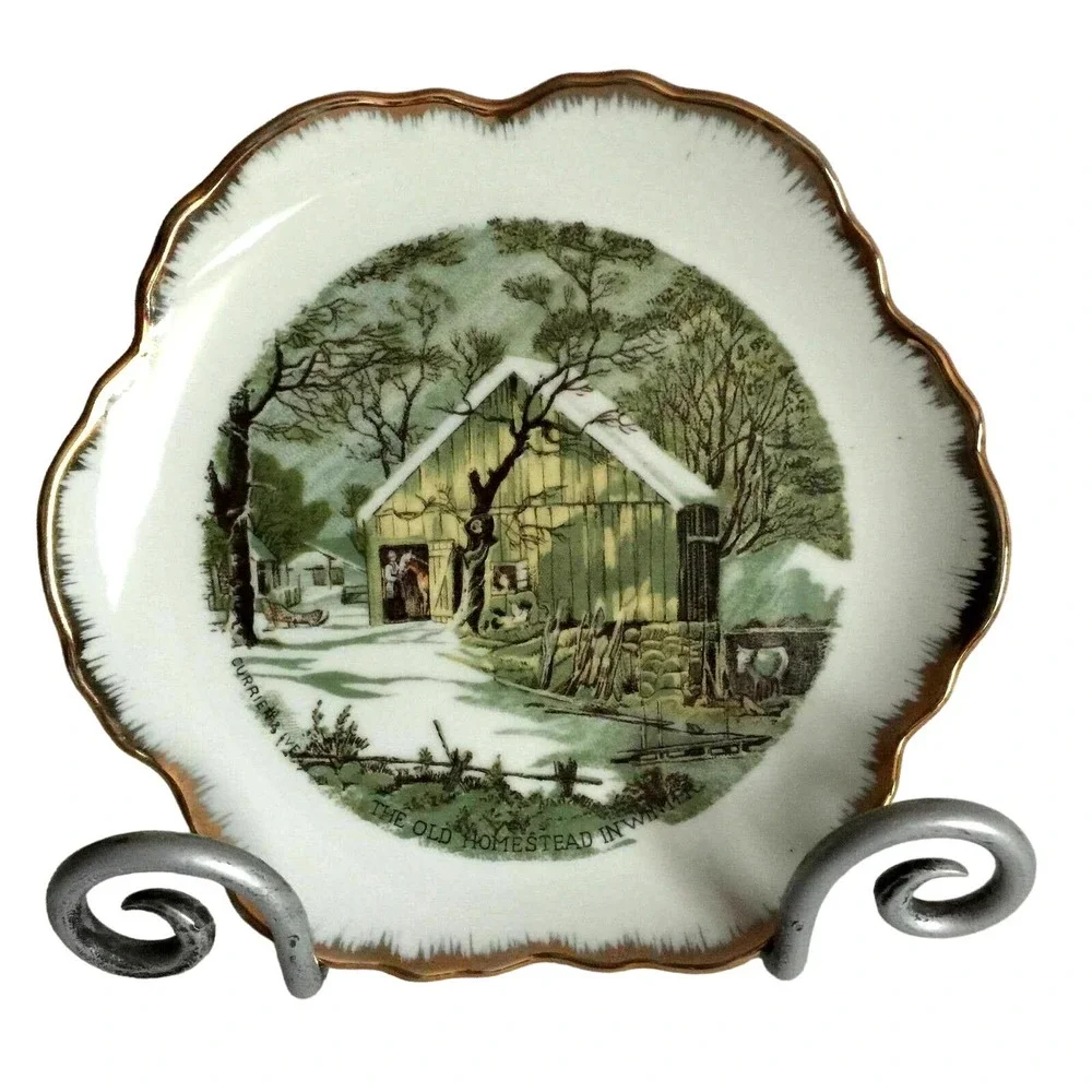 Currier & Ives Old Homestead in Winter Decorative Collector Plate Gold Trim